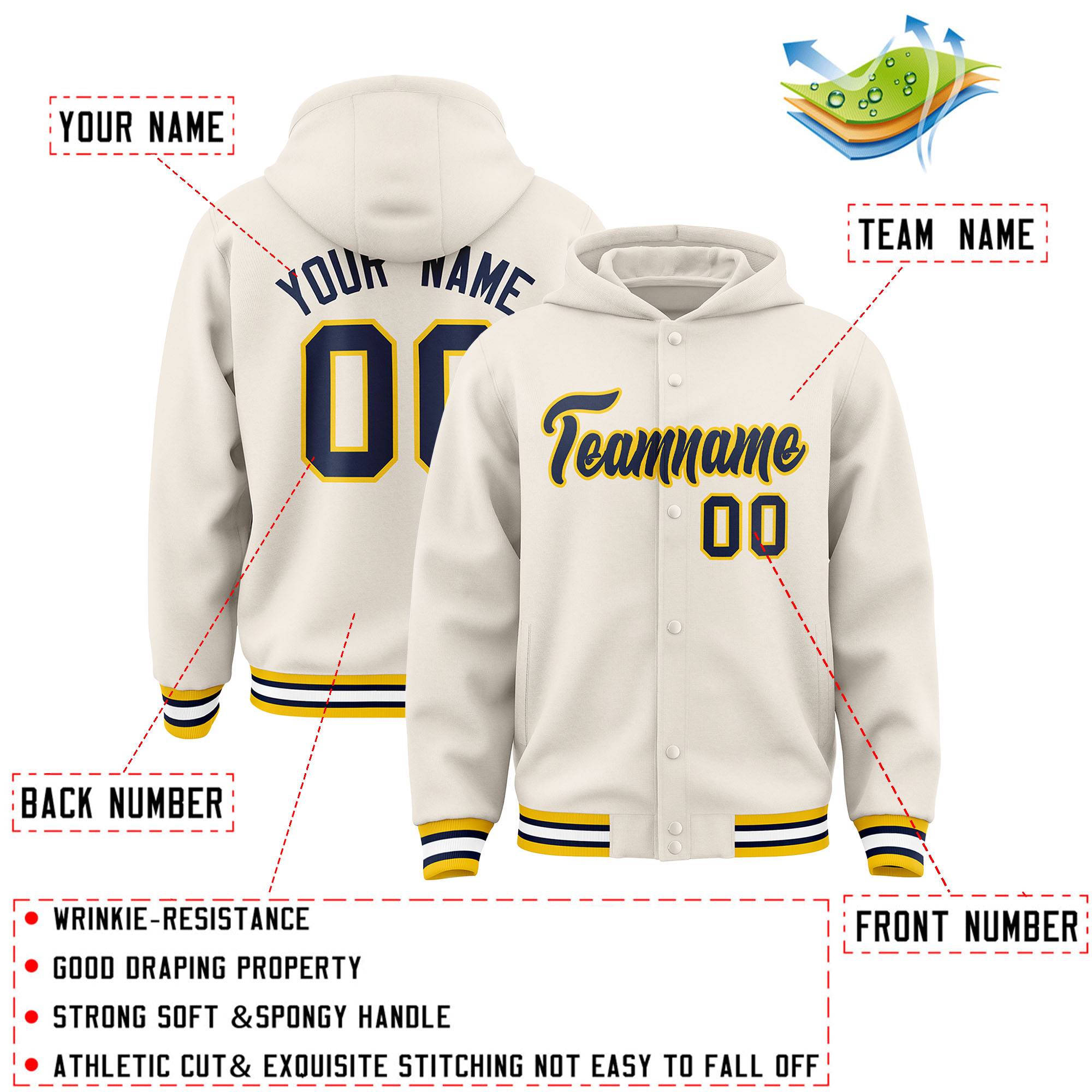 Custom Cream Navy-Gold Varsity Full-Snap Letterman Classic Hoodie Jacket