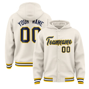 Custom Cream Navy-Gold Varsity Full-Snap Letterman Classic Hoodie Jacket