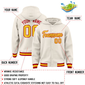 Custom Cream Gold-Red Varsity Full-Snap Letterman Classic Hoodie Jacket