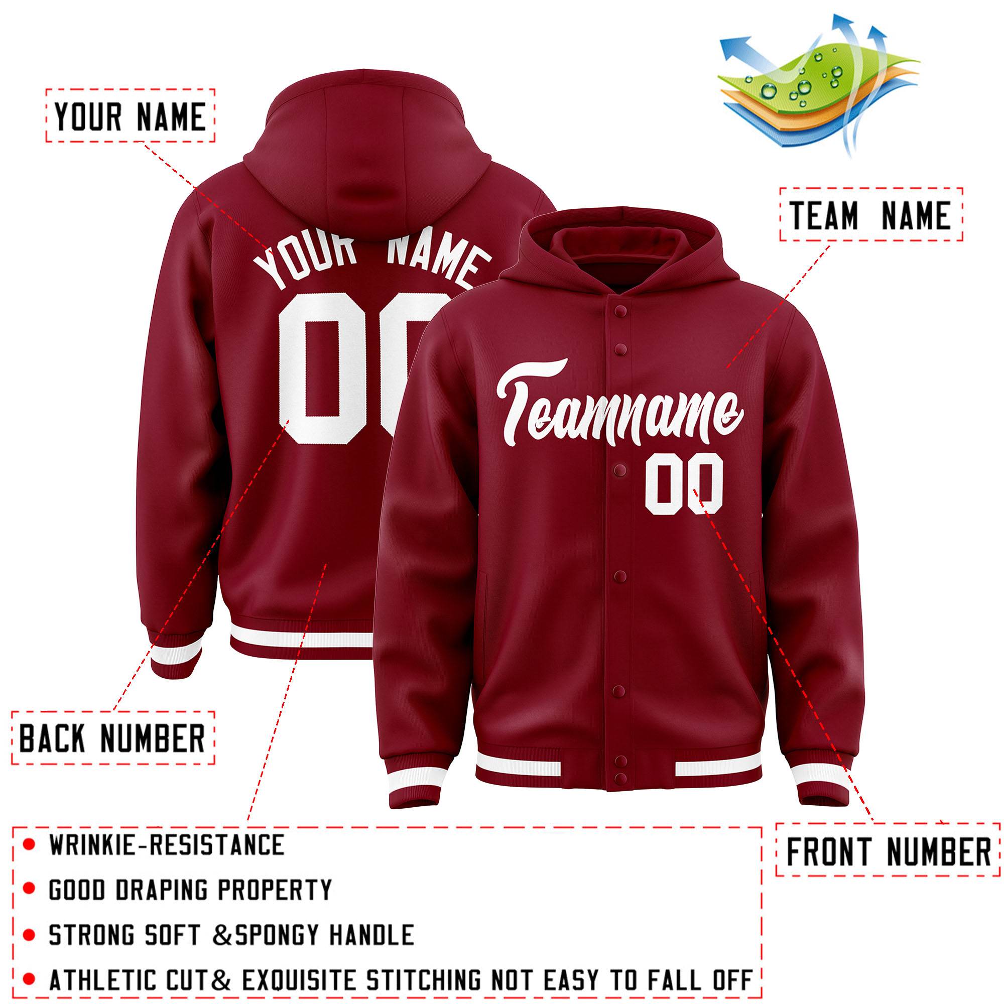 Custom Crimson White Varsity Full-Snap Letterman Classic Hoodie Jacket