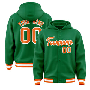 Custom Kelly Green Orange-White Varsity Full-Snap Letterman Classic Hoodie Jacket