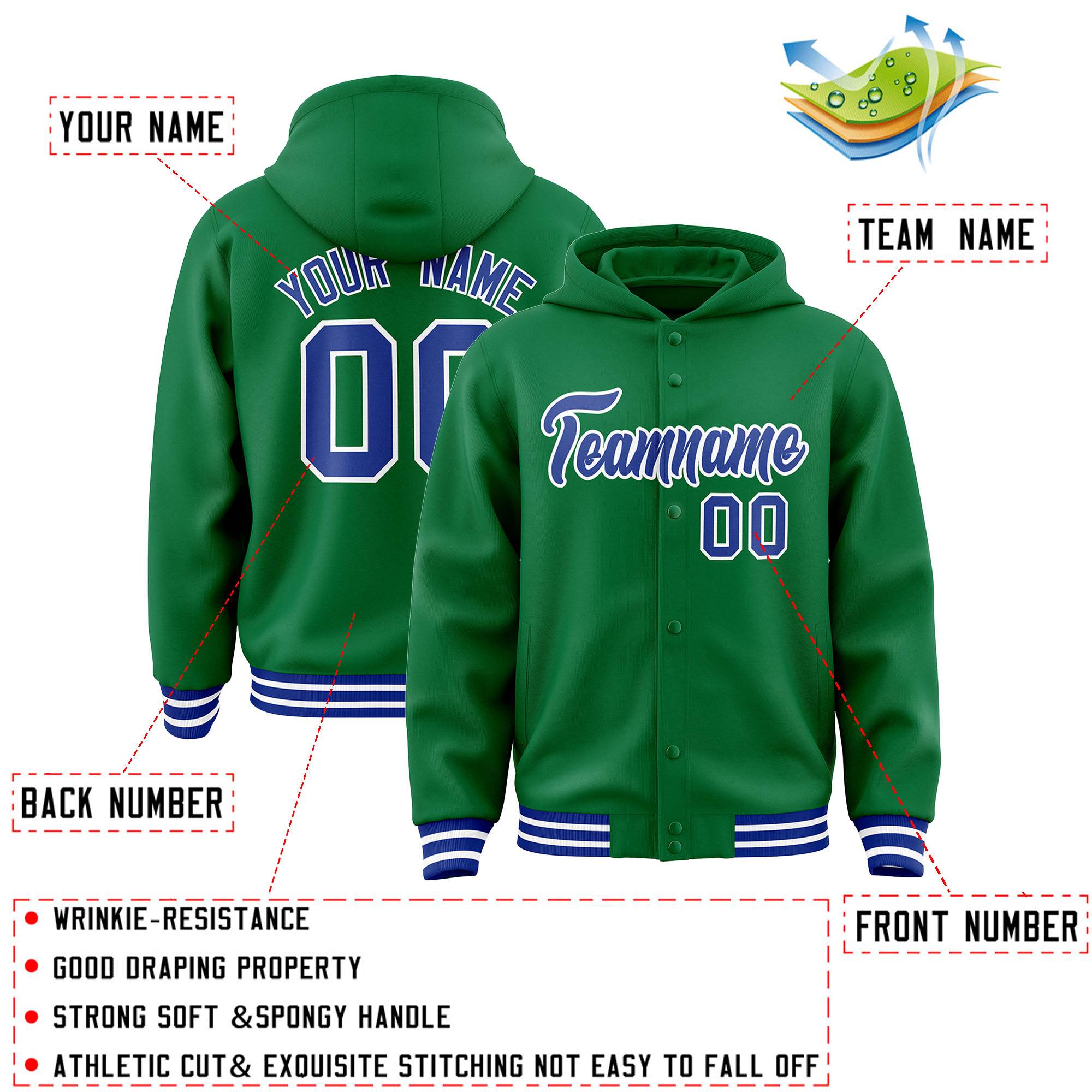 Custom Kelly Green Royal-White Varsity Full-Snap Letterman Classic Hoodie Jacket