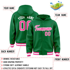 Custom Kelly Green Pink-White Varsity Full-Snap Letterman Classic Hoodie Jacket