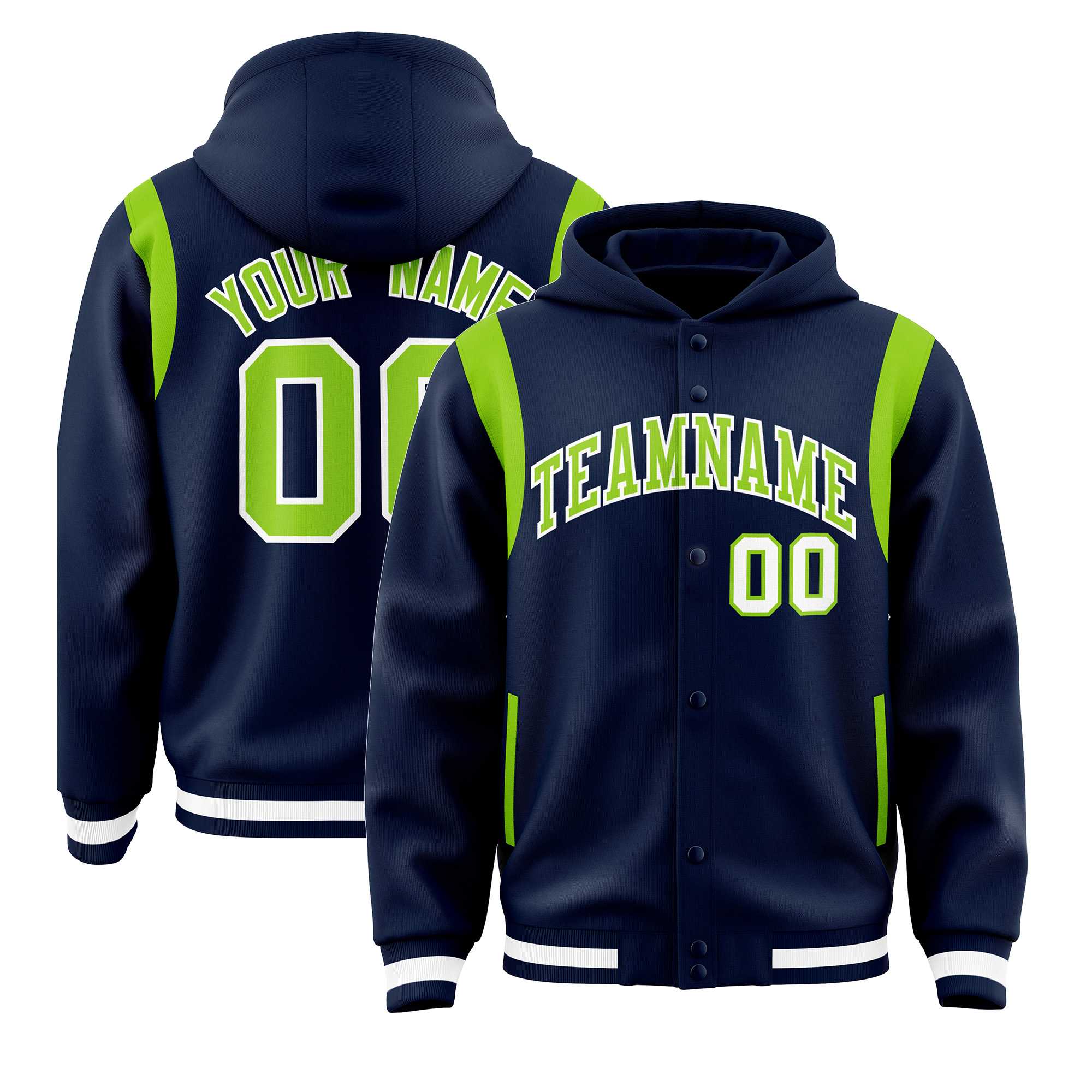 Custom Navy Neon Green Varsity Full-Snap Letterman Shoulder Color Block Hoodie Jacket