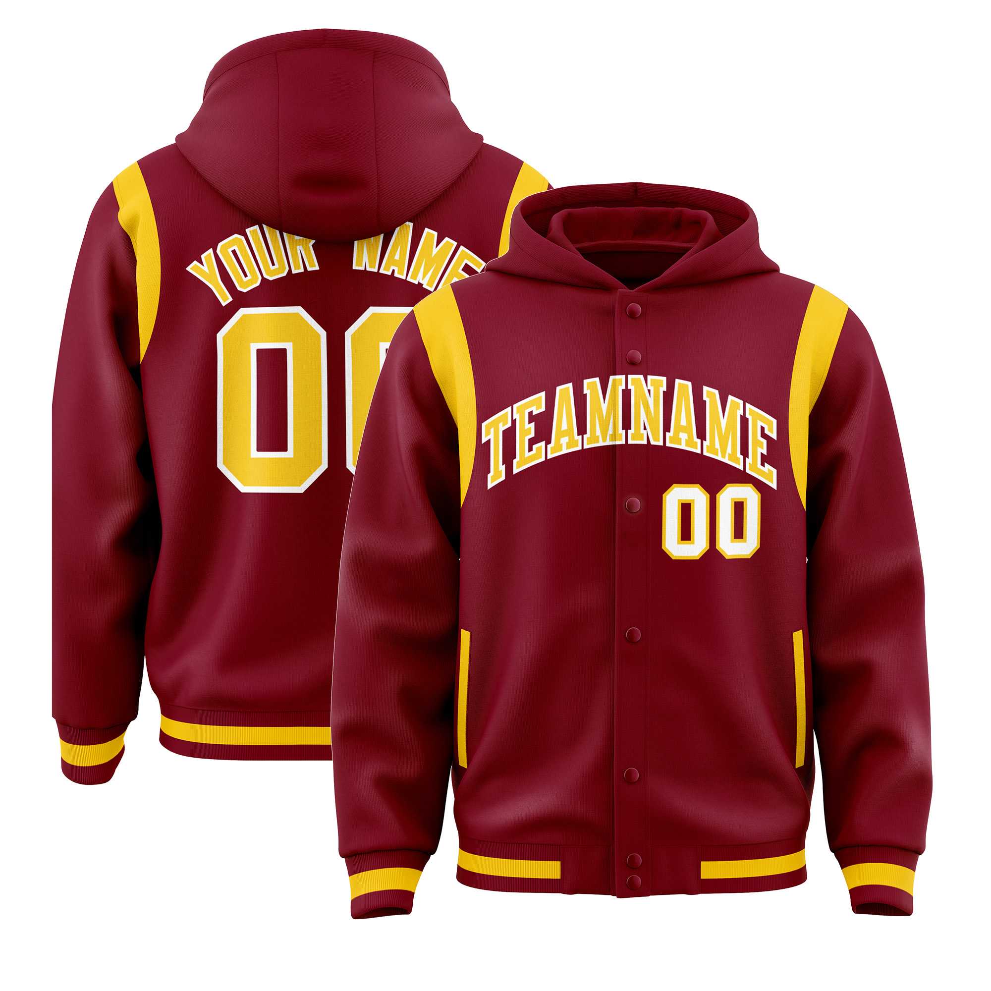 Custom Crimson Gold Varsity Full-Snap Letterman Shoulder Color Block Hoodie Jacket