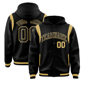 Custom Black Black Varsity Full-Snap Letterman Shoulder Color Block Hoodie Jacket