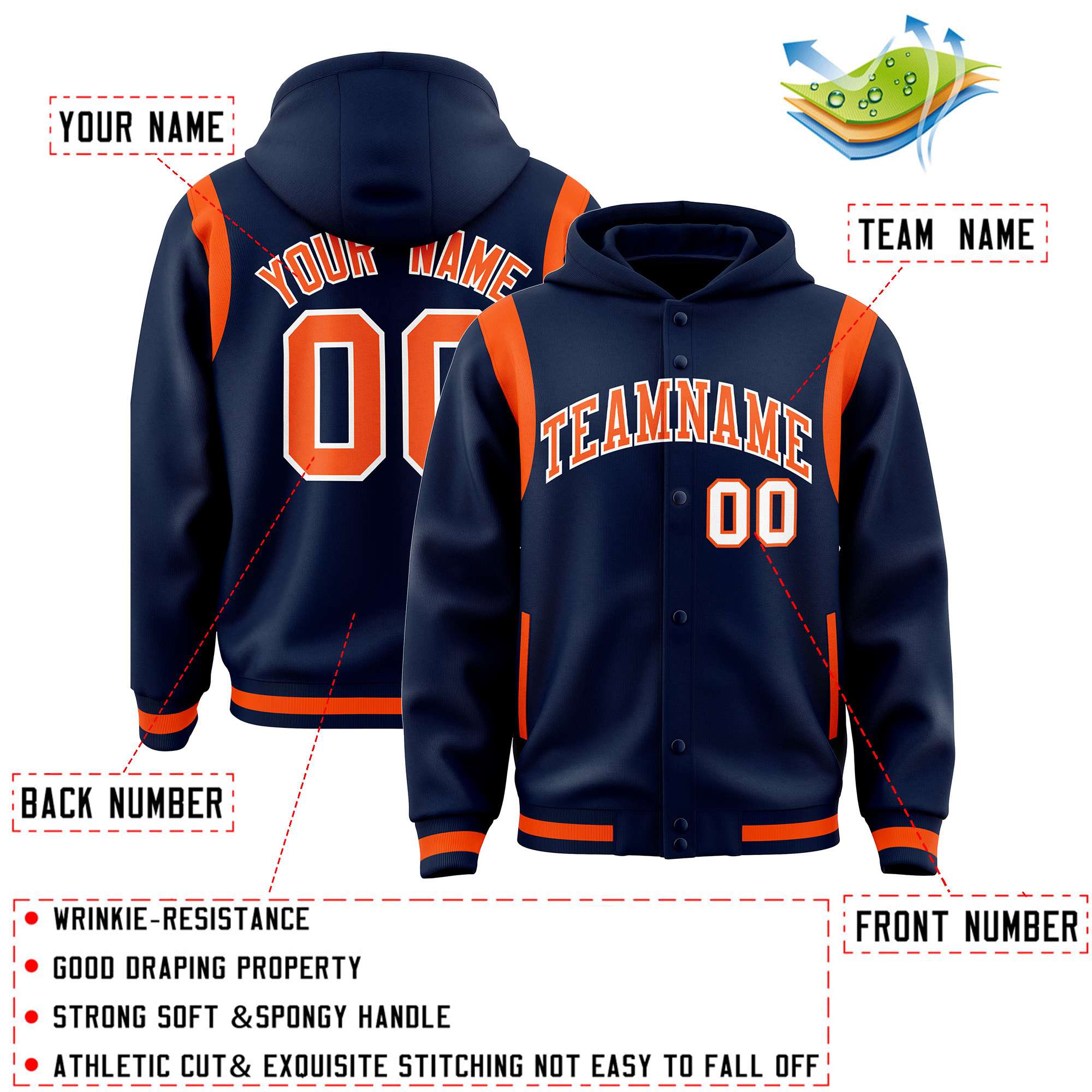 Custom Navy Orange Varsity Full-Snap Letterman Shoulder Color Block Hoodie Jacket