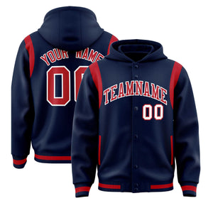 Custom Navy Red Varsity Full-Snap Letterman Shoulder Color Block Hoodie Jacket