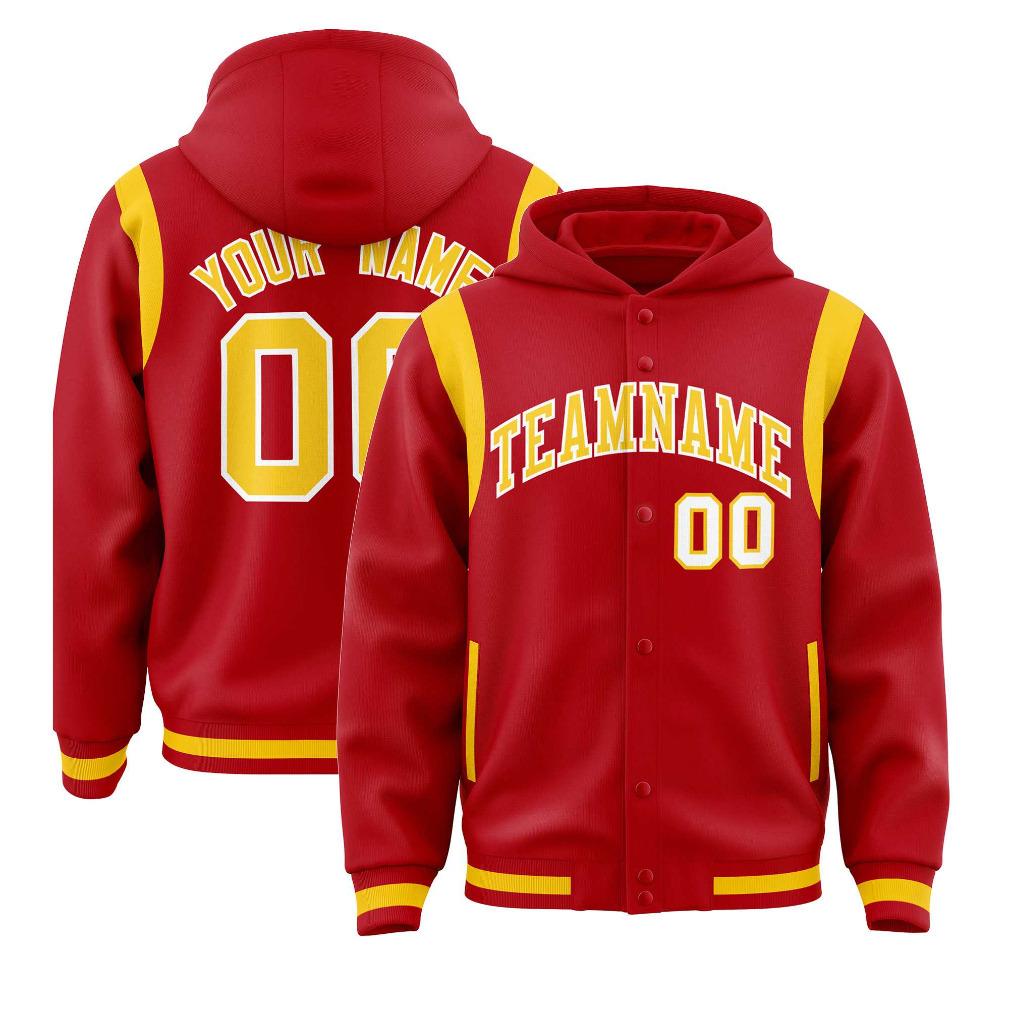 Custom Red Gold Varsity Full-Snap Letterman Shoulder Color Block Hoodie Jacket