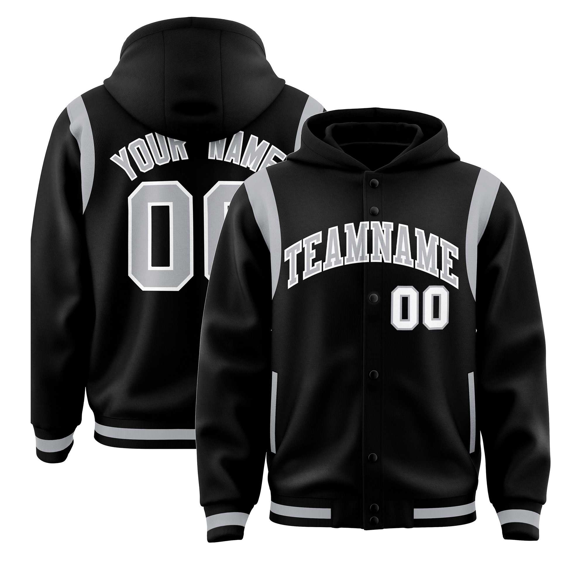 Custom Black Silver Varsity Full-Snap Letterman Shoulder Color Block Hoodie Jacket