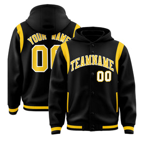 Custom Black Gold Varsity Full-Snap Letterman Shoulder Color Block Hoodie Jacket