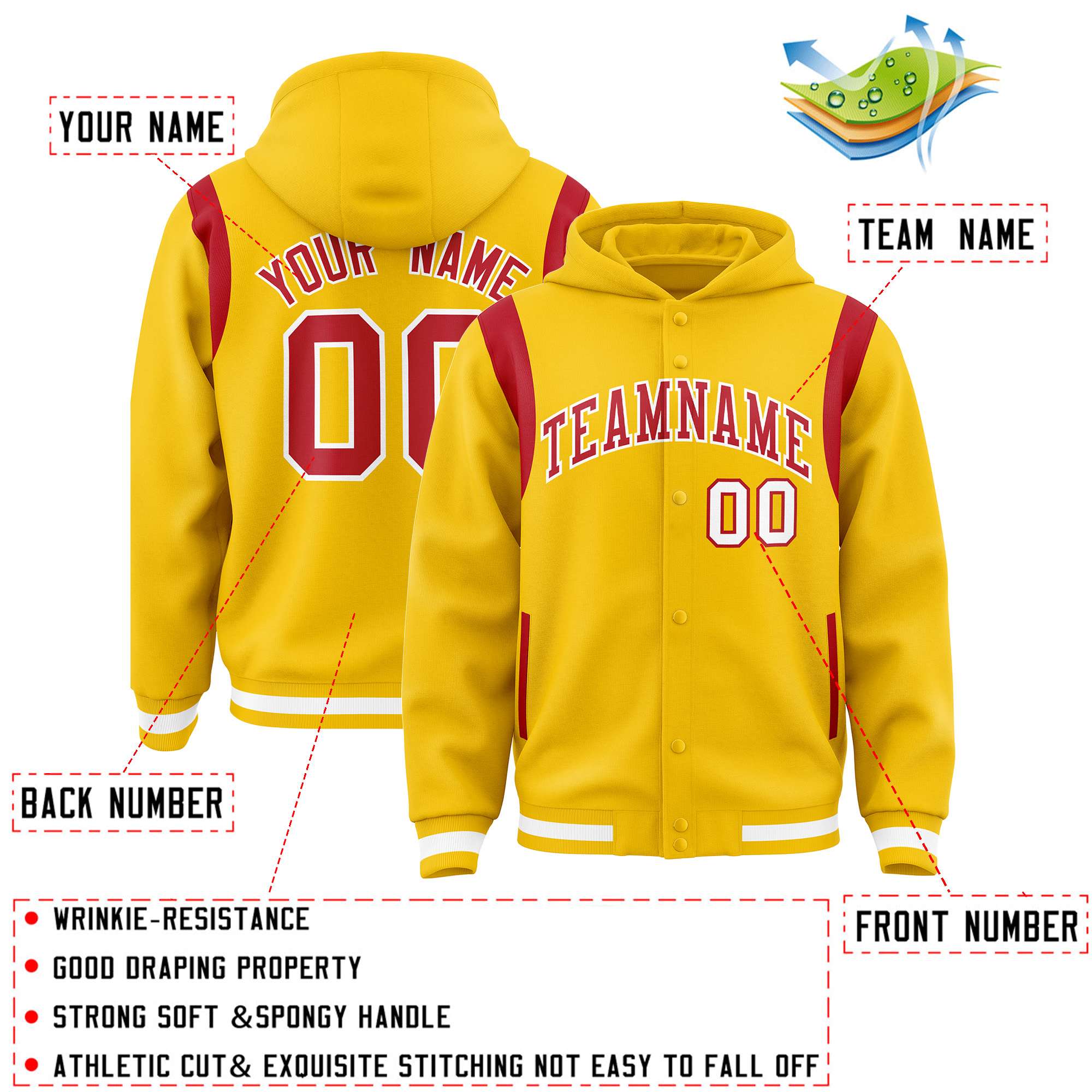 Custom Gold Red Varsity Full-Snap Letterman Shoulder Color Block Hoodie Jacket