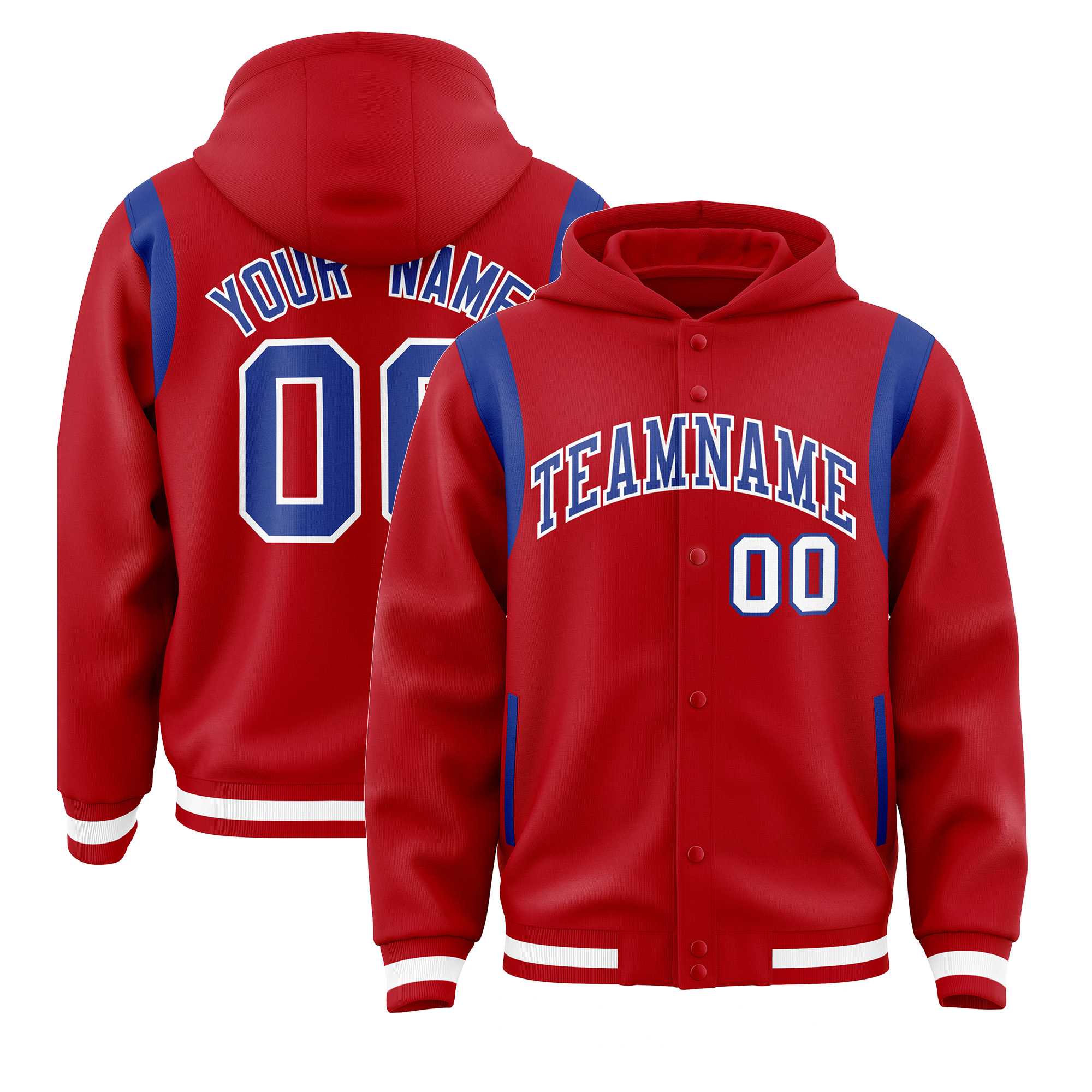 Custom Red Royal Varsity Full-Snap Letterman Shoulder Color Block Hoodie Jacket