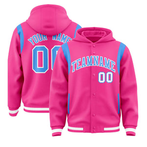 Custom Pink Powder Blue Varsity Full-Snap Letterman Shoulder Color Block Hoodie Jacket