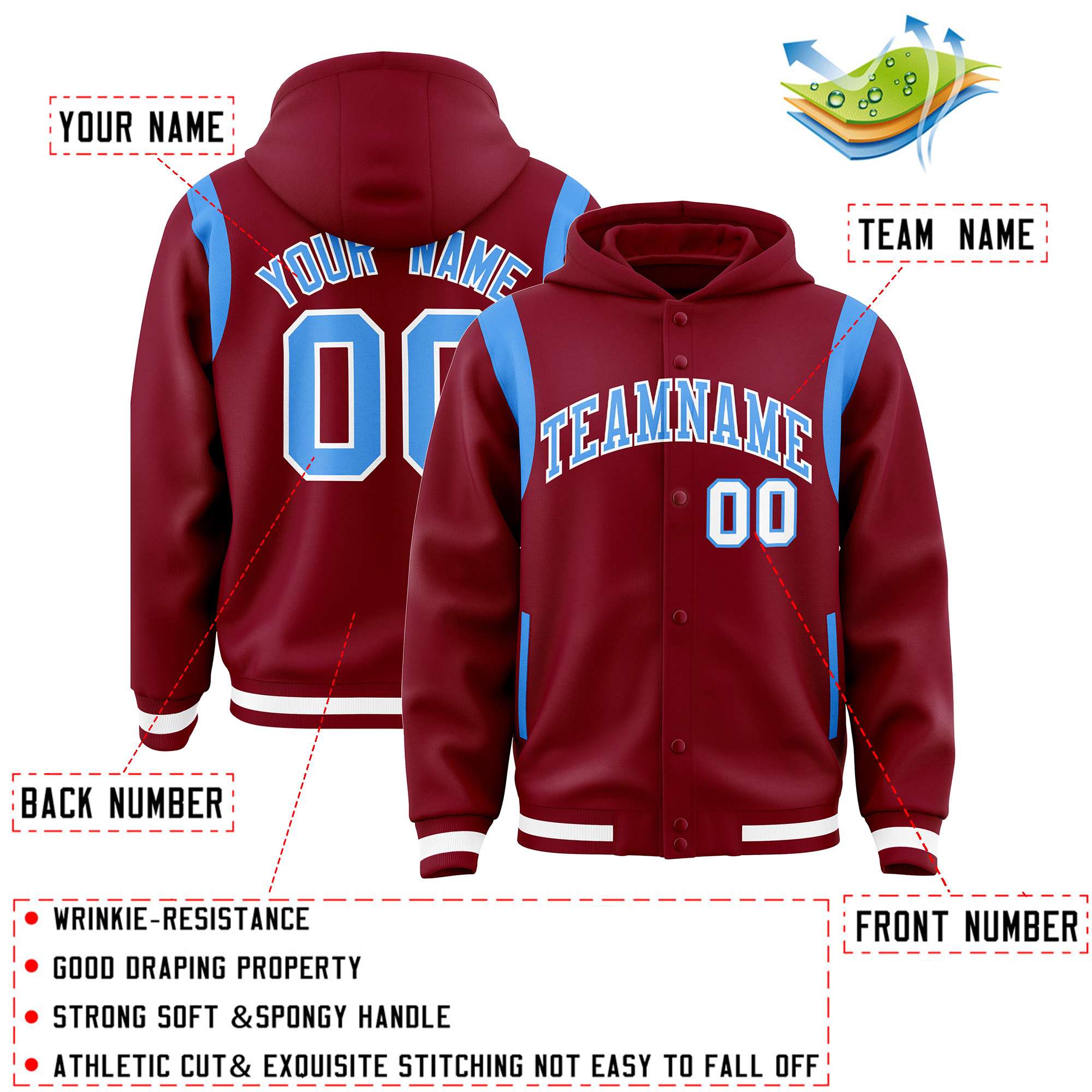 Custom Crimson Powder Blue Varsity Full-Snap Letterman Shoulder Color Block Hoodie Jacket