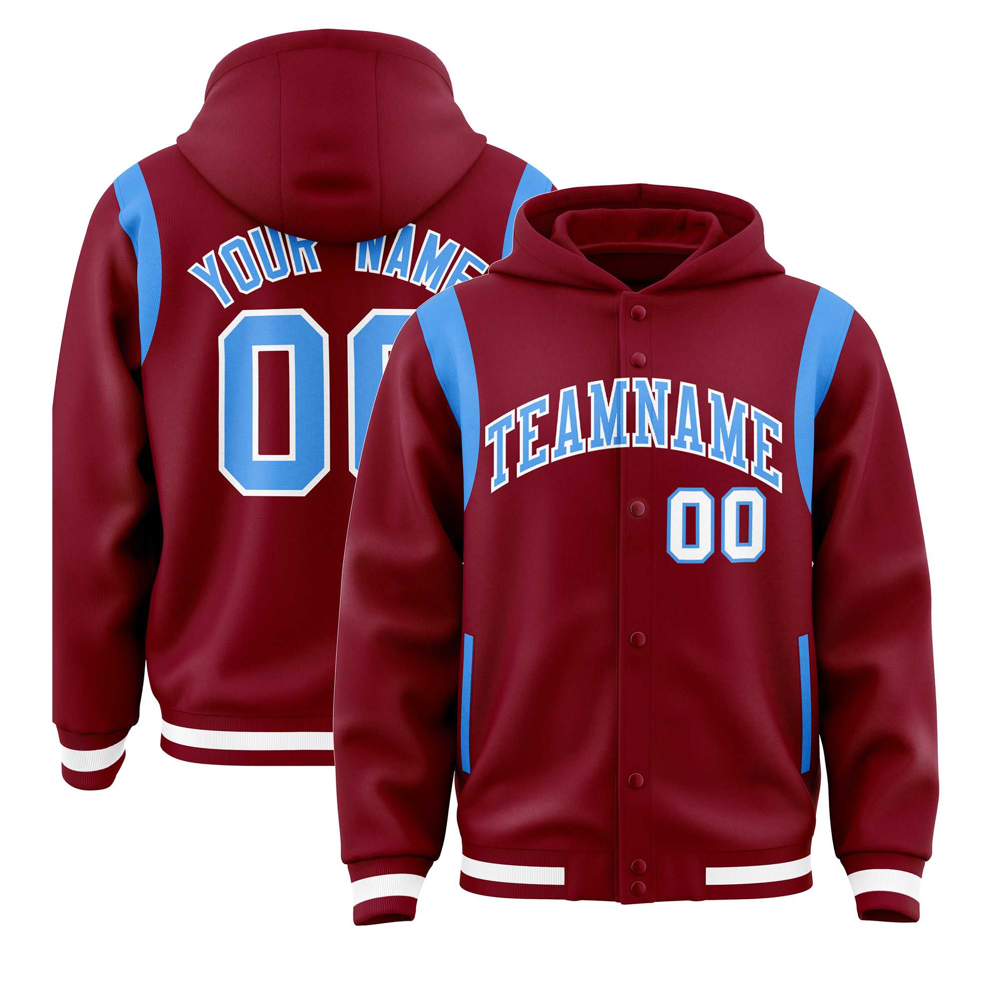 Custom Crimson Powder Blue Varsity Full-Snap Letterman Shoulder Color Block Hoodie Jacket