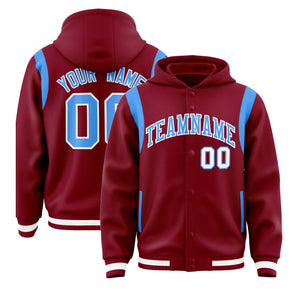 Custom Crimson Powder Blue Varsity Full-Snap Letterman Shoulder Color Block Hoodie Jacket