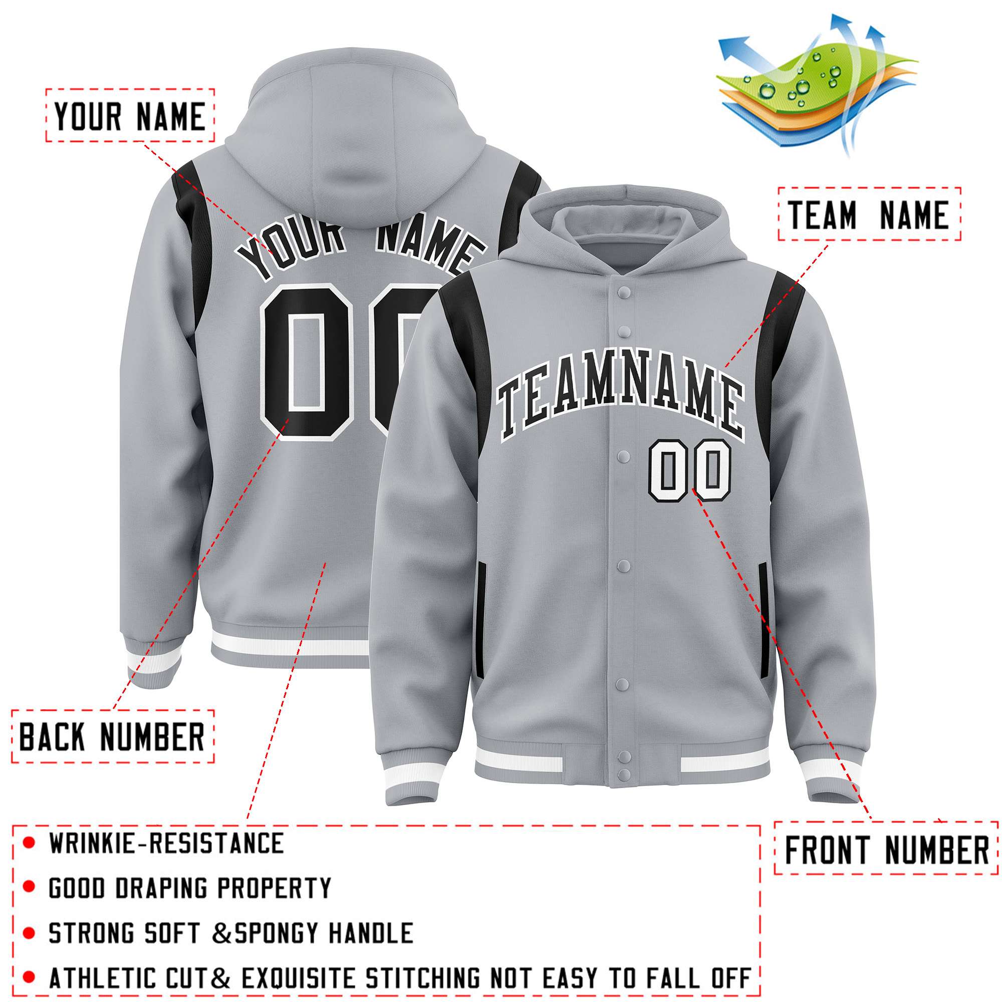 Custom Silver Black Varsity Full-Snap Letterman Shoulder Color Block Hoodie Jacket