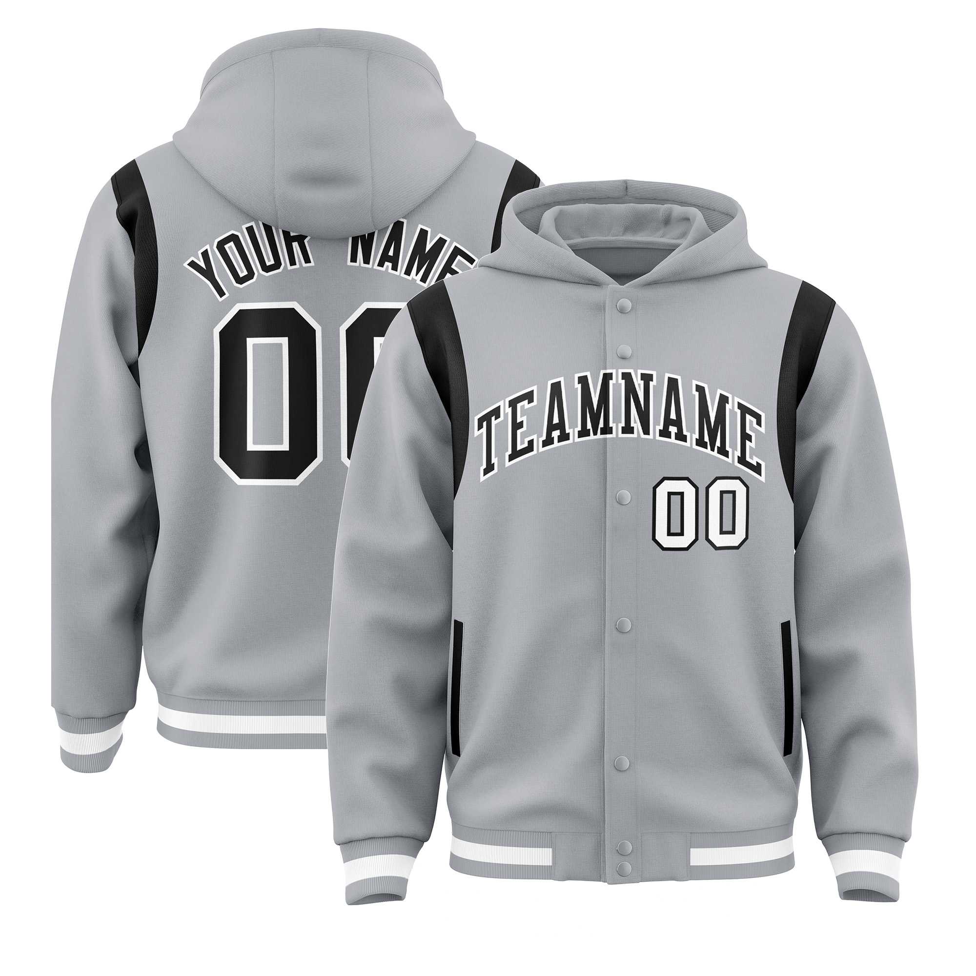 Custom Silver Black Varsity Full-Snap Letterman Shoulder Color Block Hoodie Jacket