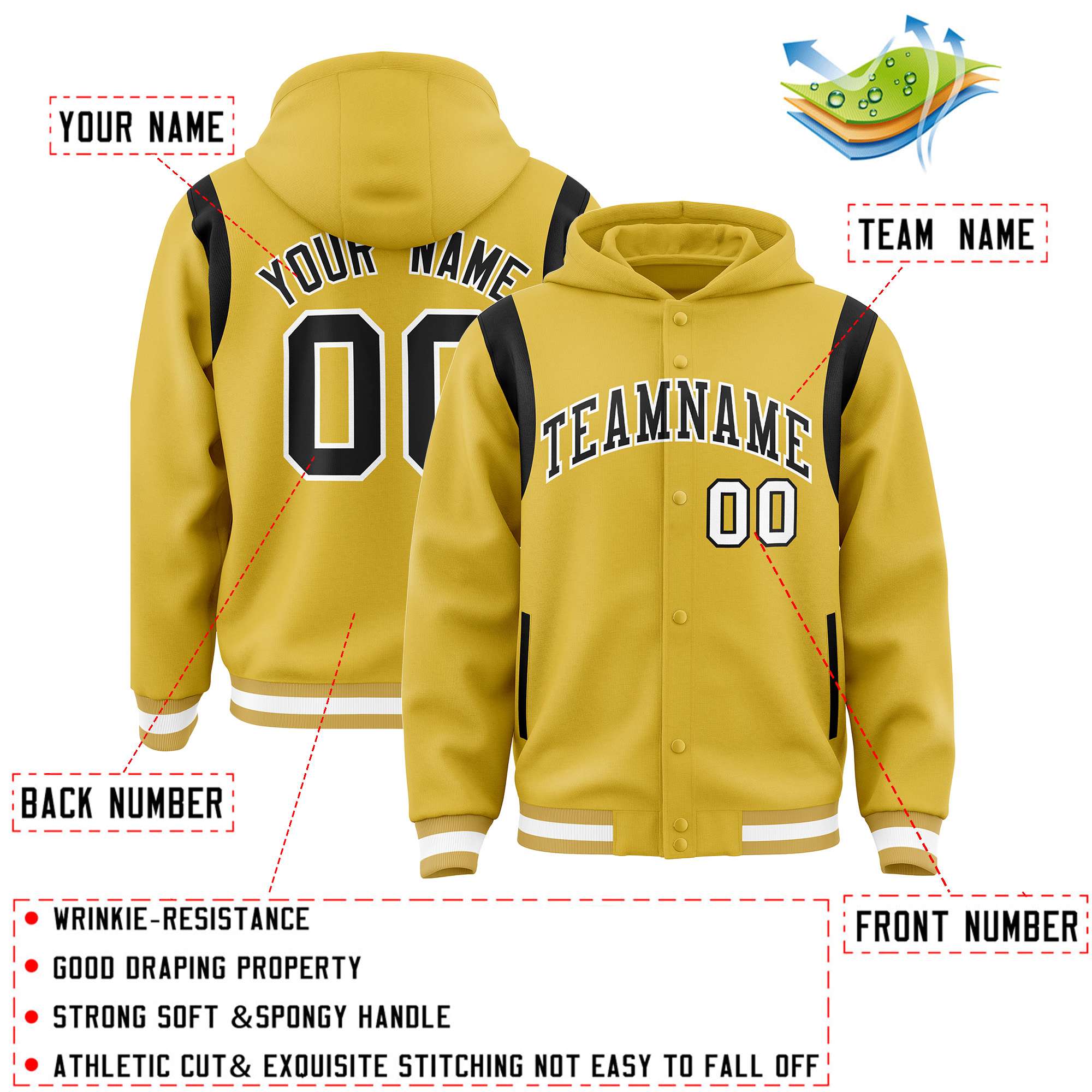 Custom Old Gold Black Varsity Full-Snap Letterman Shoulder Color Block Hoodie Jacket