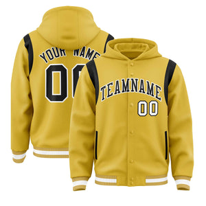 Custom Old Gold Black Varsity Full-Snap Letterman Shoulder Color Block Hoodie Jacket