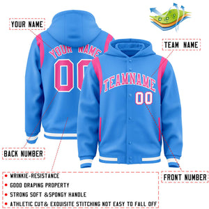 Custom Powder Blue Pink Varsity Full-Snap Letterman Shoulder Color Block Hoodie Jacket