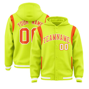 Custom Fluorescent Green Orange Varsity Full-Snap Letterman Shoulder Color Block Hoodie Jacket