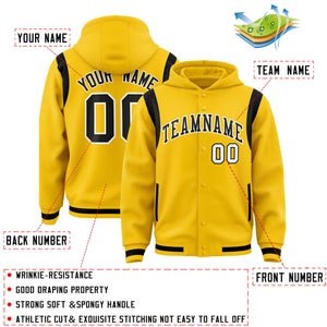 Custom Gold Black Varsity Full-Snap Letterman Shoulder Color Block Hoodie Jacket