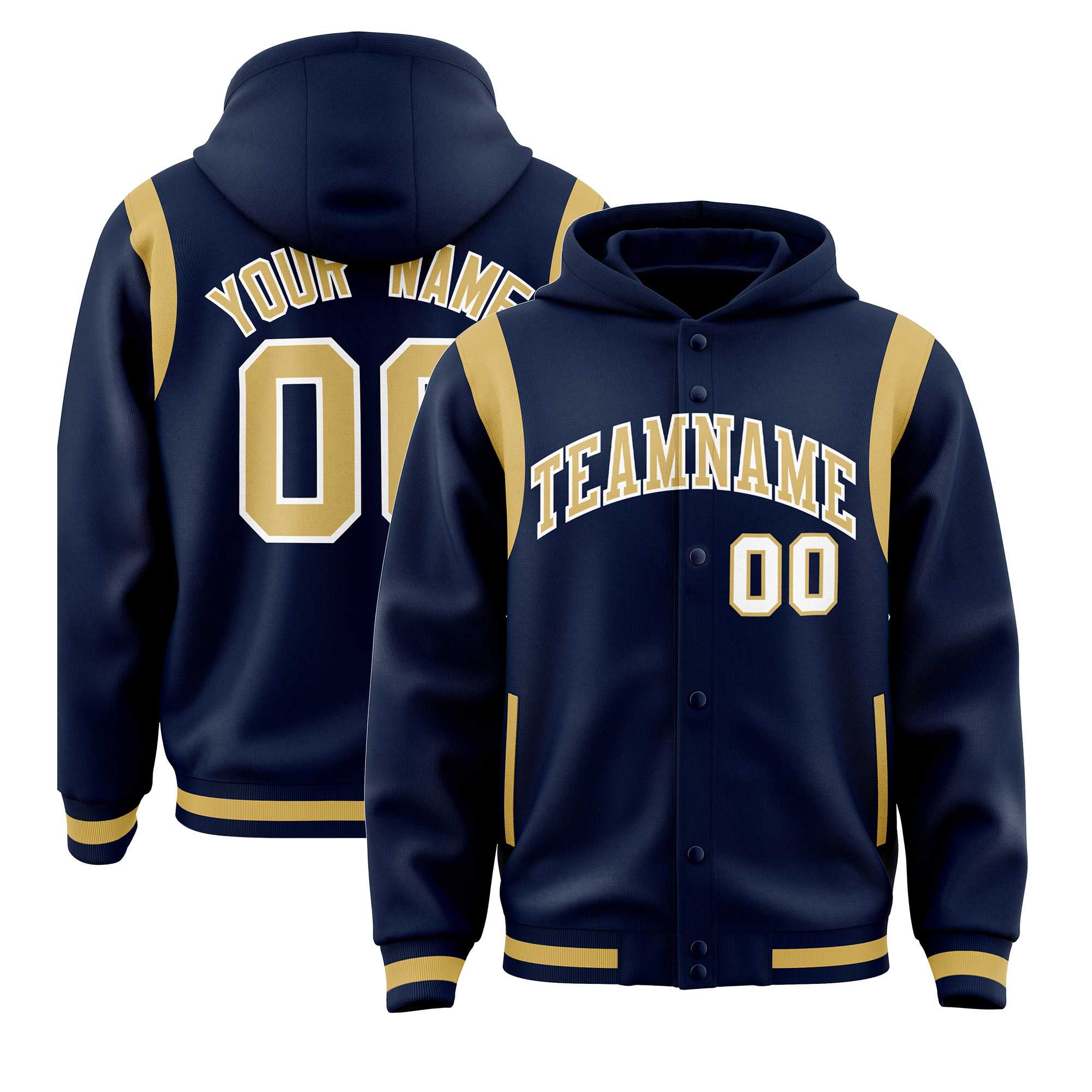 Custom Navy Old Gold Varsity Full-Snap Letterman Shoulder Color Block Hoodie Jacket