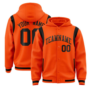 Custom Orange Black Varsity Full-Snap Letterman Shoulder Color Block Hoodie Jacket