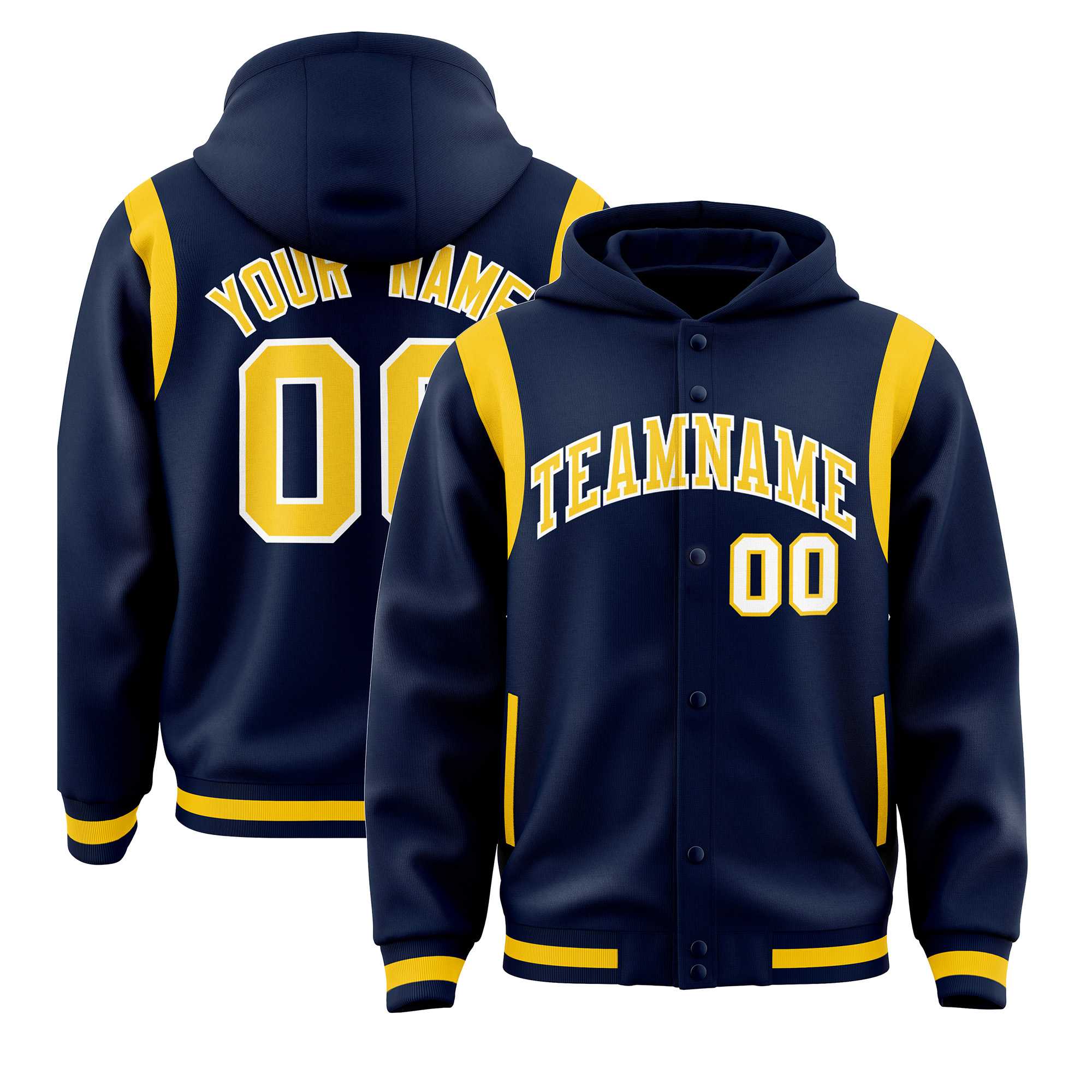 Custom Navy Gold Varsity Full-Snap Letterman Shoulder Color Block Hoodie Jacket