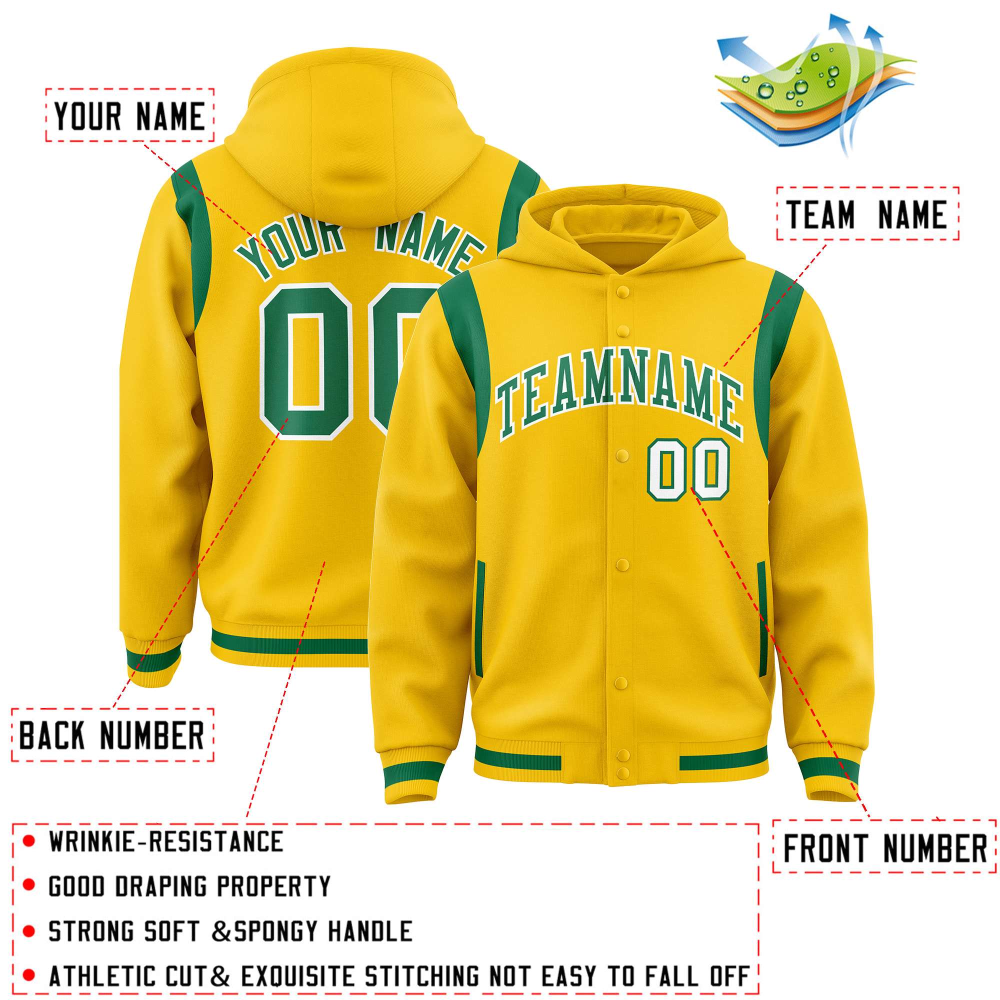 Custom Gold Kelly Green Varsity Full-Snap Letterman Shoulder Color Block Hoodie Jacket