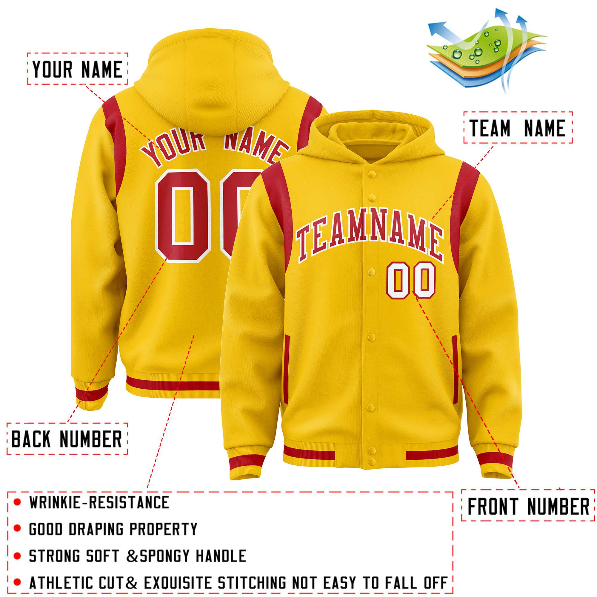 Custom Gold Red Varsity Full-Snap Letterman Shoulder Color Block Hoodie Jacket