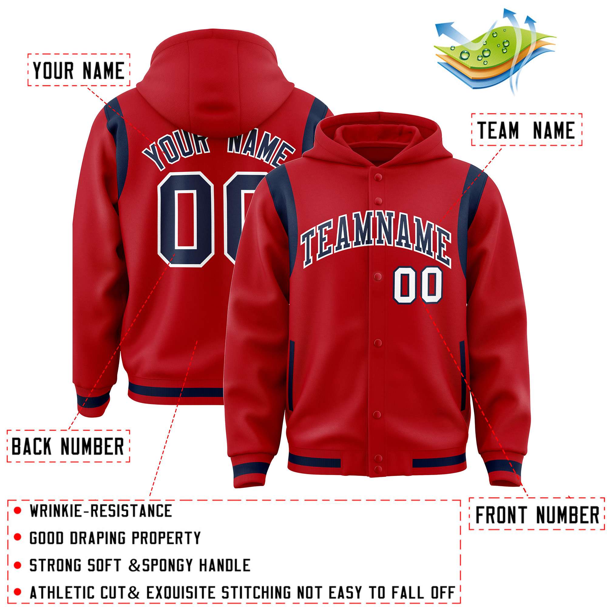 Custom Red Navy Varsity Full-Snap Letterman Shoulder Color Block Hoodie Jacket