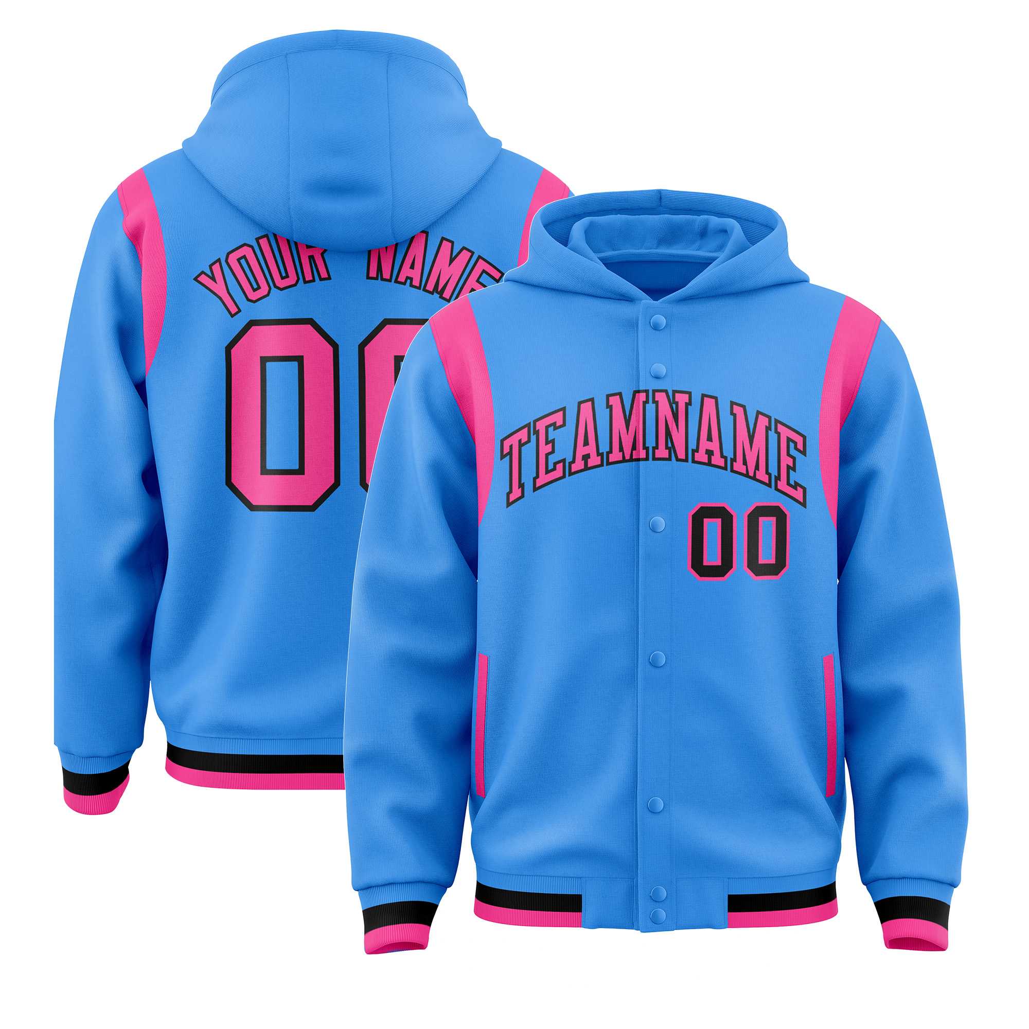 Custom Powder Blue Pink Varsity Full-Snap Letterman Shoulder Color Block Hoodie Jacket