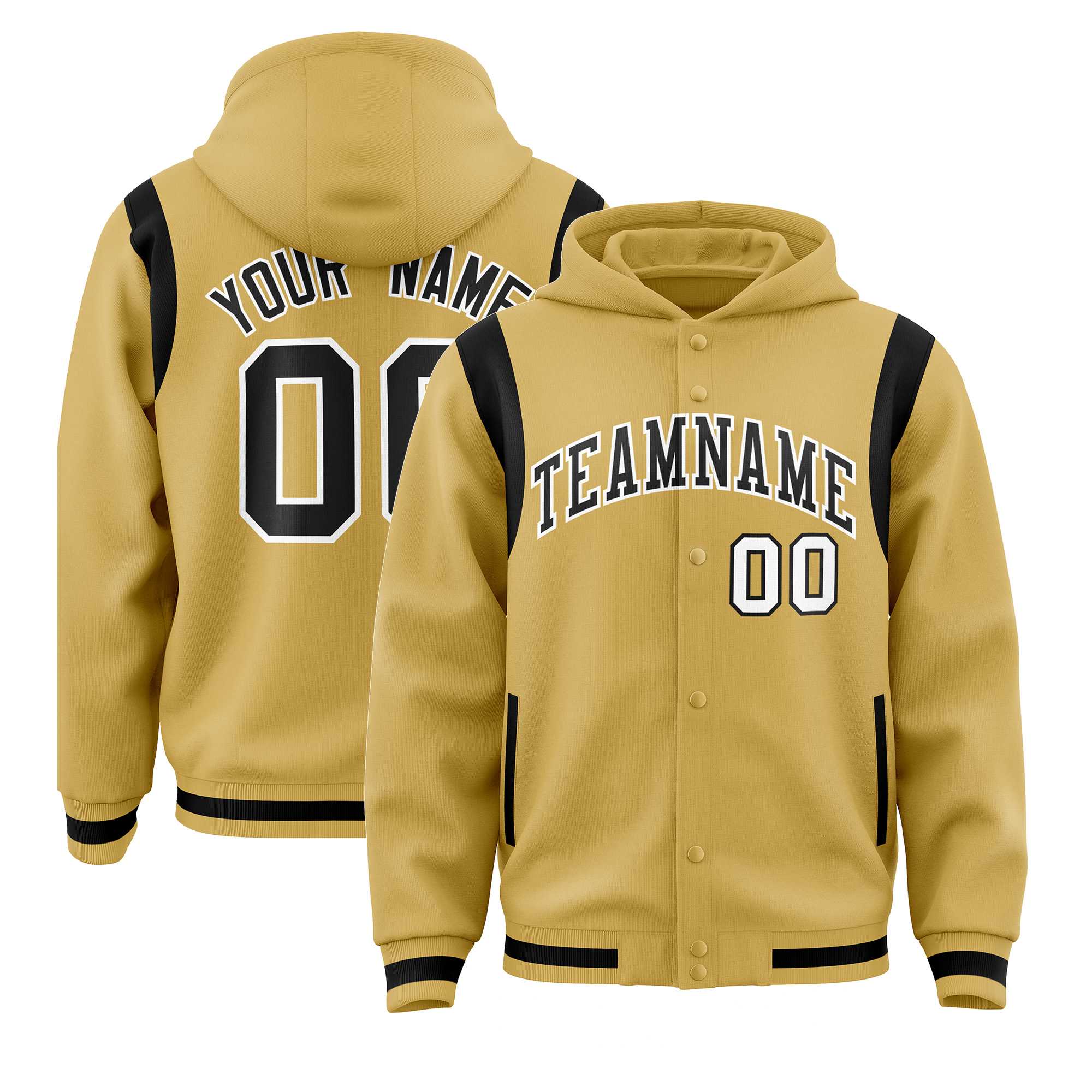 Custom Old Gold Black Varsity Full-Snap Letterman Shoulder Color Block Hoodie Jacket