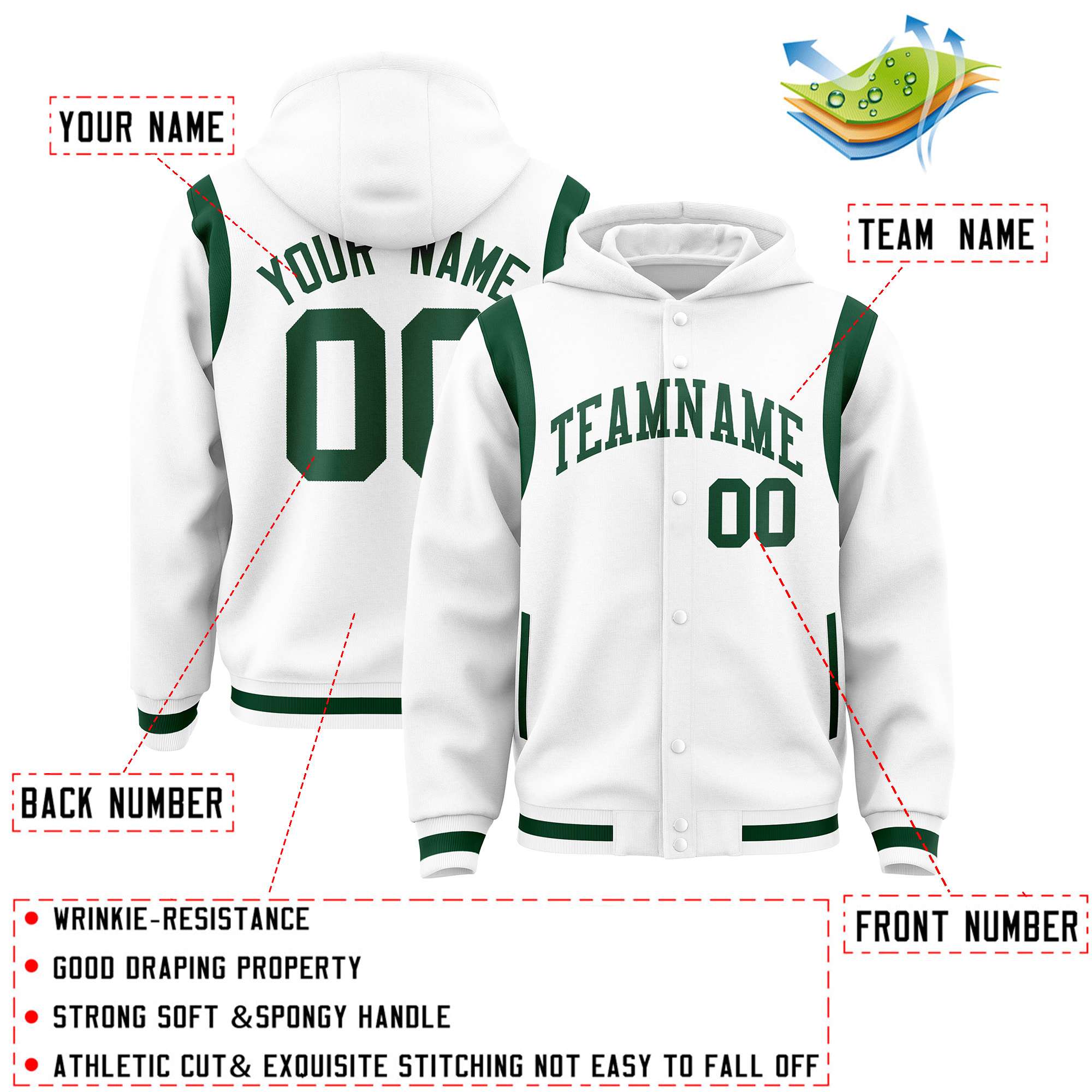 Custom White Green Varsity Full-Snap Letterman Shoulder Color Block Hoodie Jacket