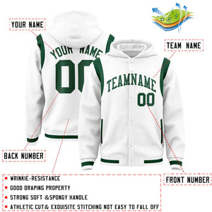 Custom White Green Varsity Full-Snap Letterman Shoulder Color Block Hoodie Jacket