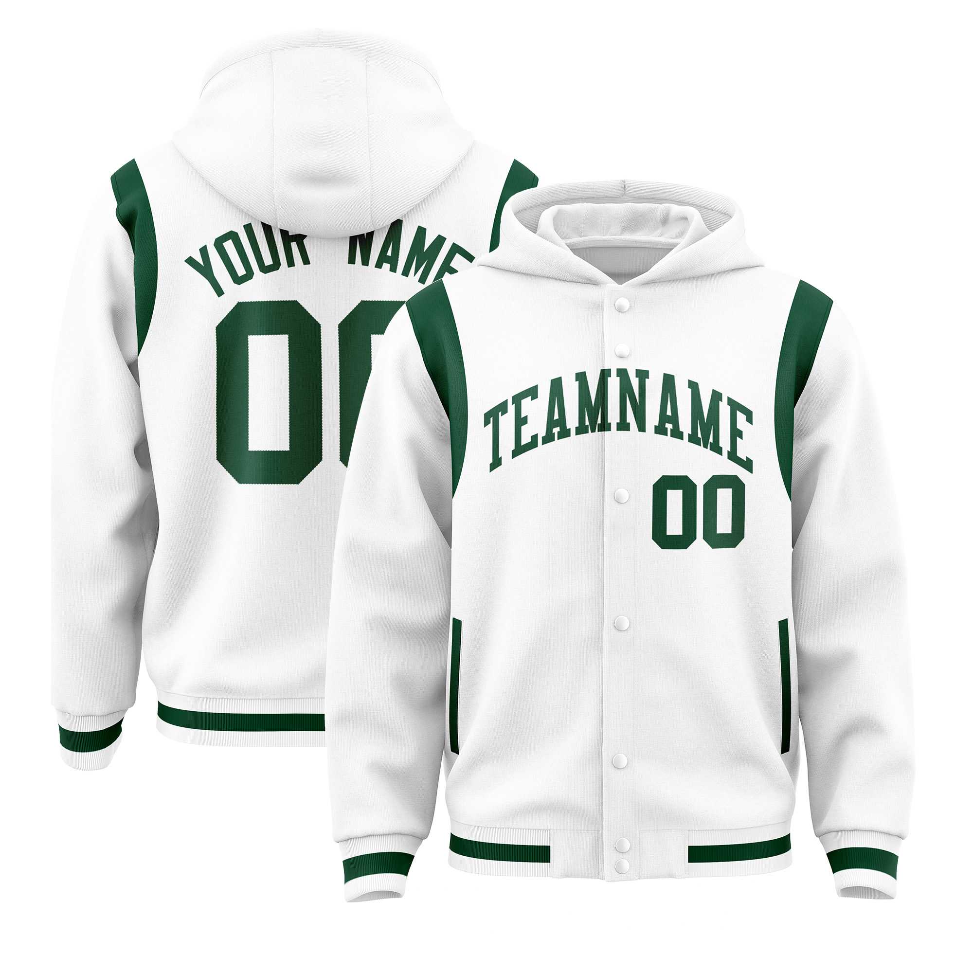 Custom White Green Varsity Full-Snap Letterman Shoulder Color Block Hoodie Jacket