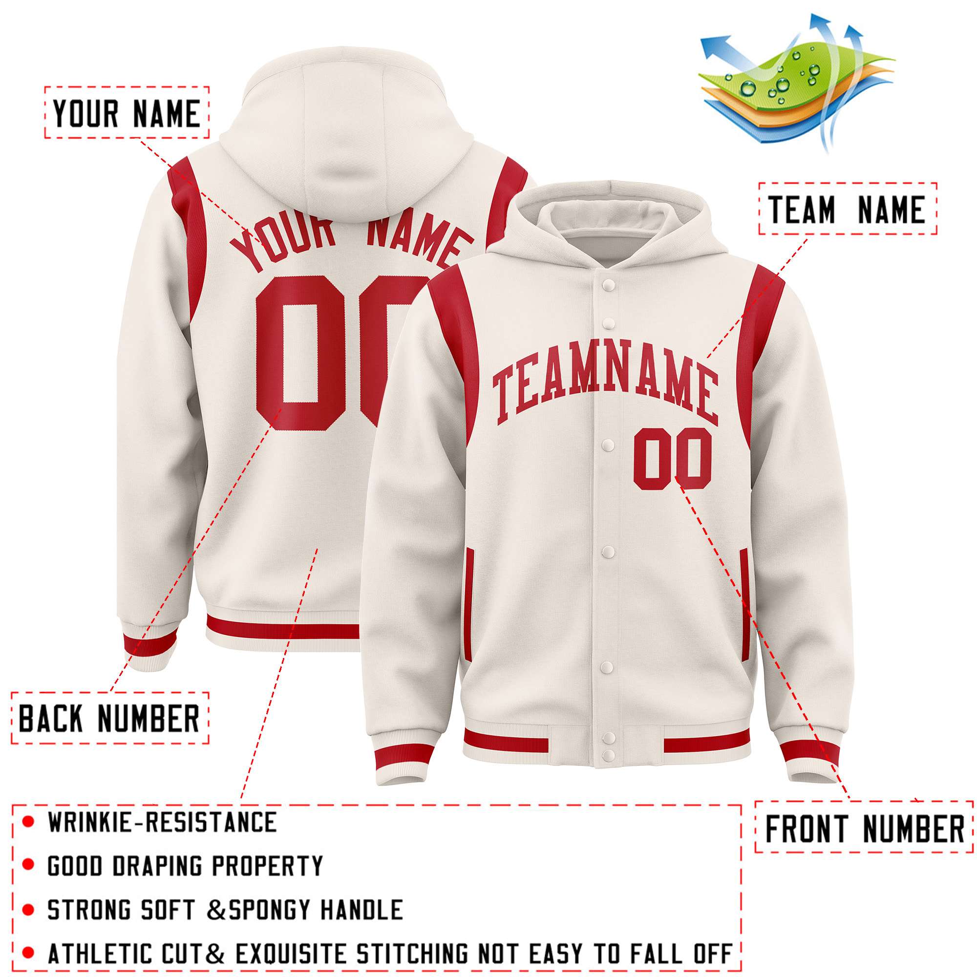 Custom Cream Red Varsity Full-Snap Letterman Shoulder Color Block Hoodie Jacket