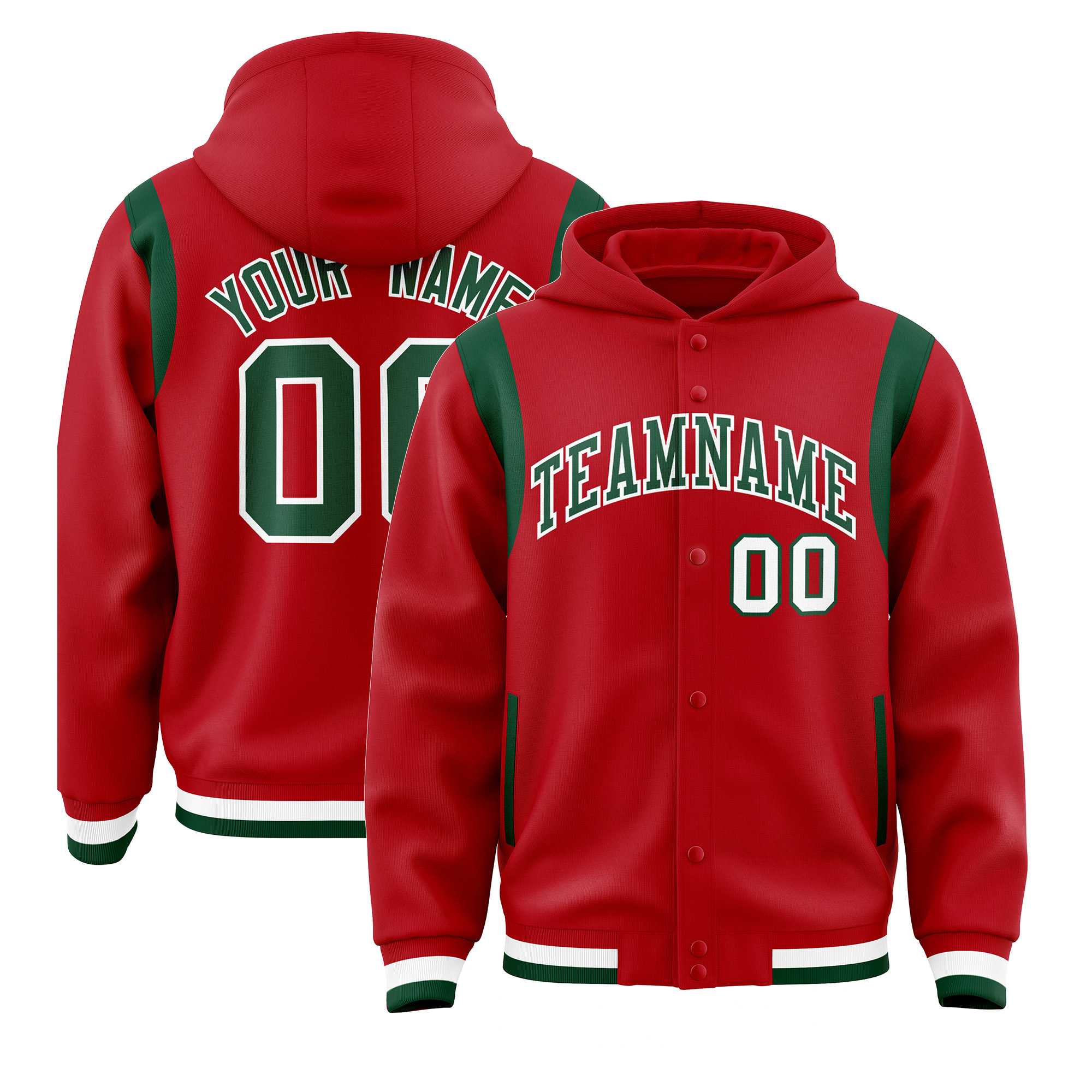 Custom Red Green Varsity Full-Snap Letterman Shoulder Color Block Hoodie Jacket