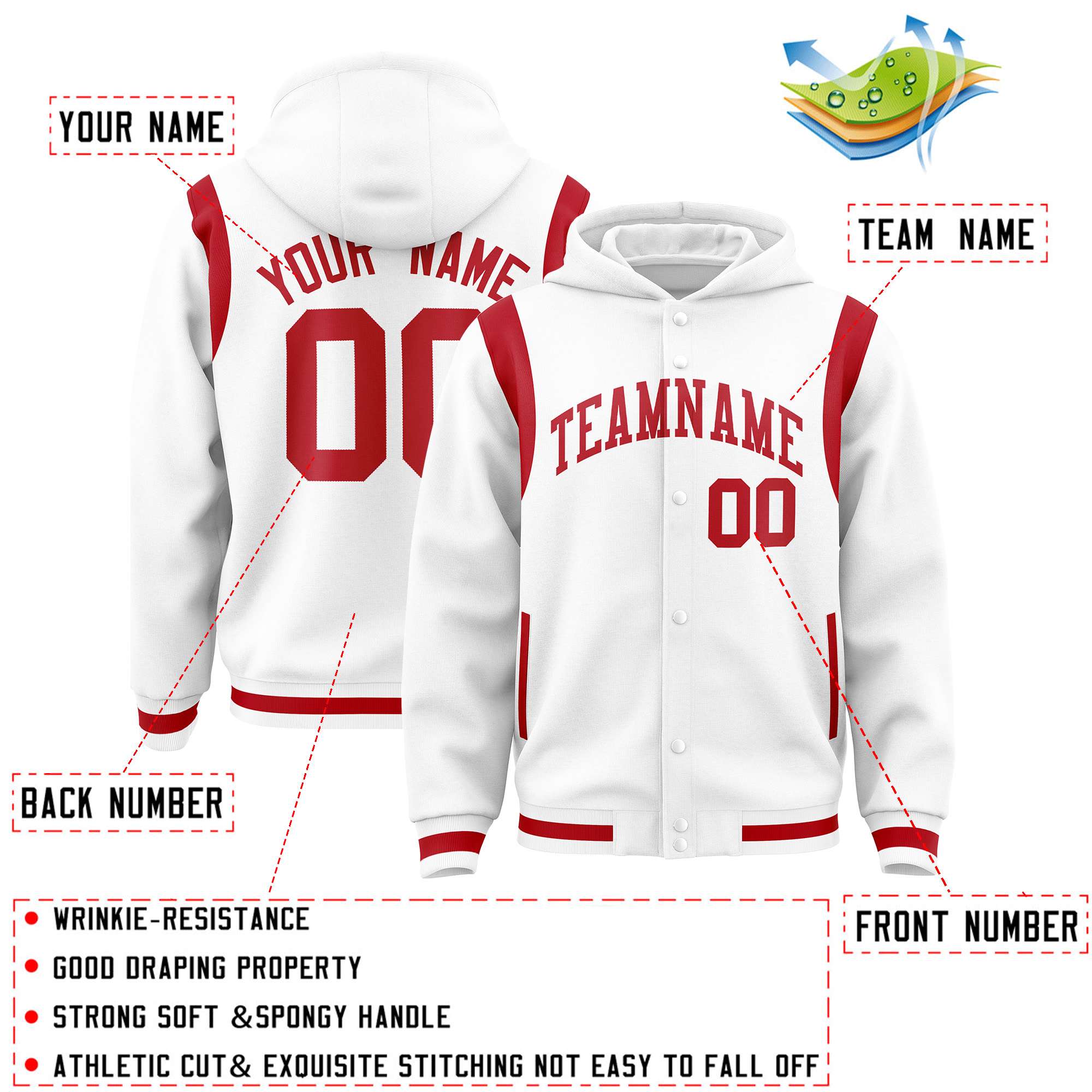 Custom White Red Varsity Full-Snap Letterman Shoulder Color Block Hoodie Jacket