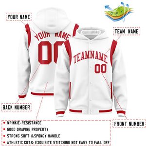 Custom White Red Varsity Full-Snap Letterman Shoulder Color Block Hoodie Jacket