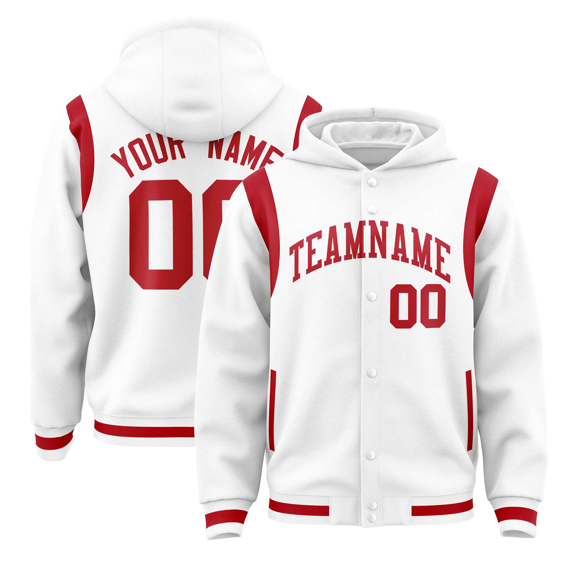 Custom White Red Varsity Full-Snap Letterman Shoulder Color Block Hoodie Jacket