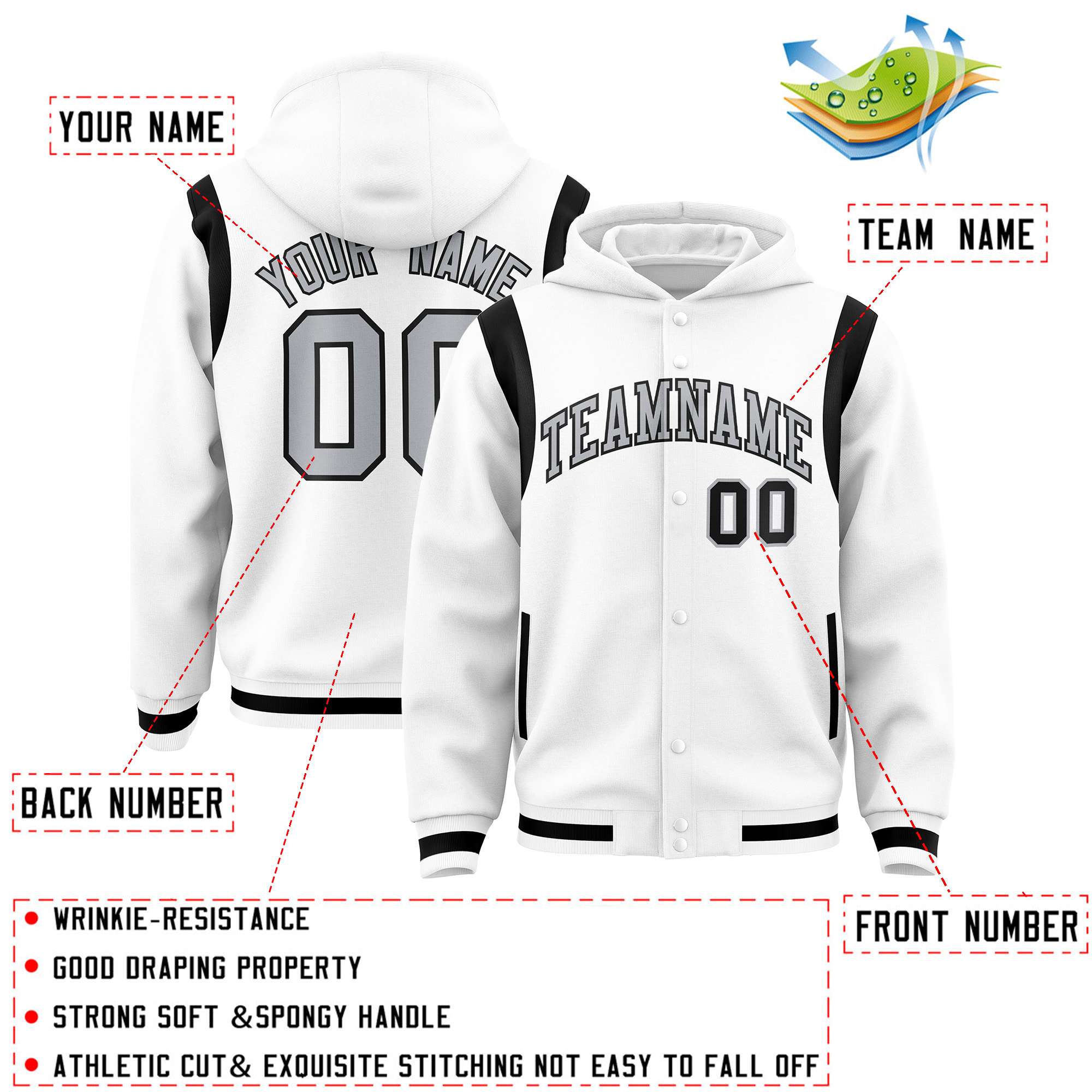 Custom White Silver Varsity Full-Snap Letterman Shoulder Color Block Hoodie Jacket