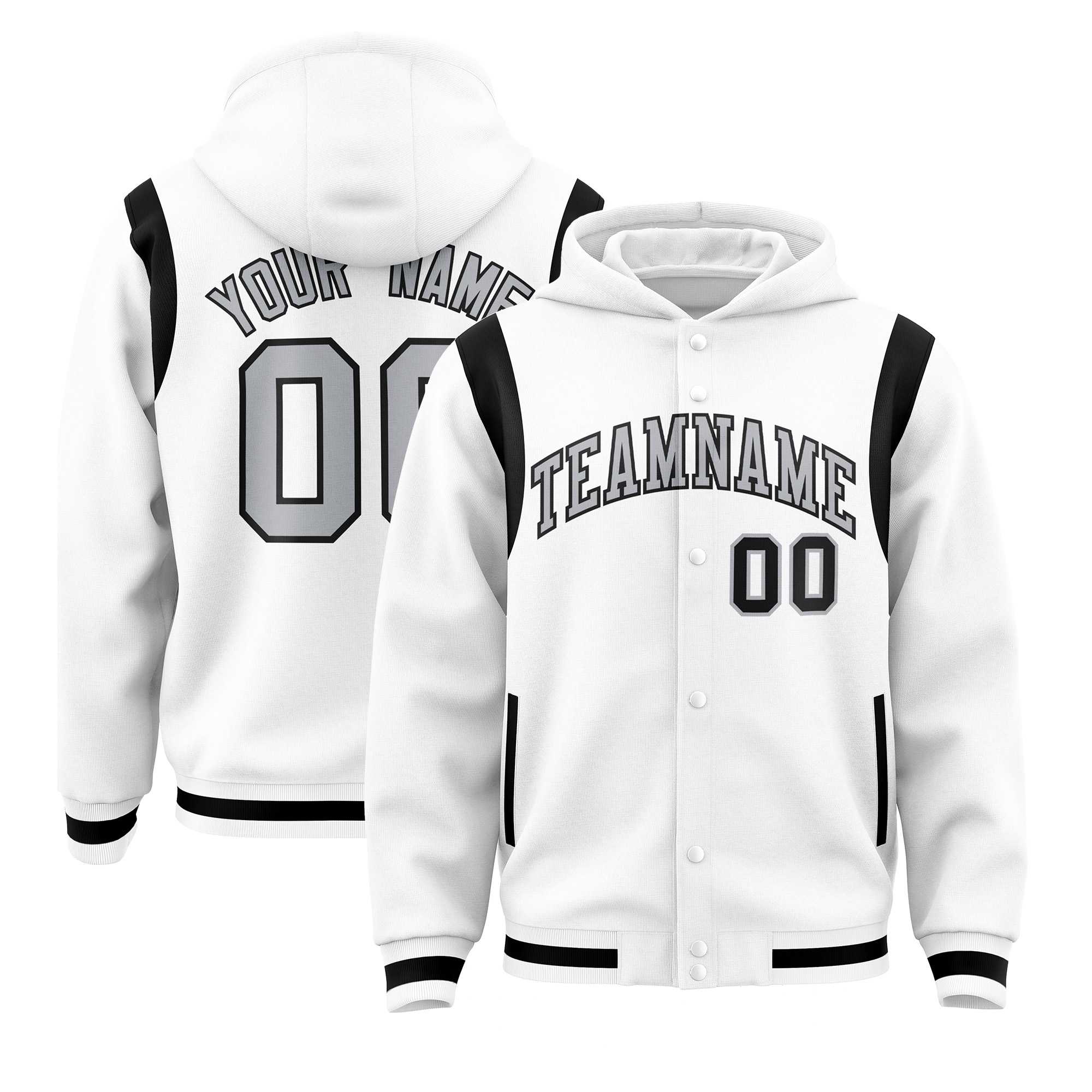 Custom White Silver Varsity Full-Snap Letterman Shoulder Color Block Hoodie Jacket