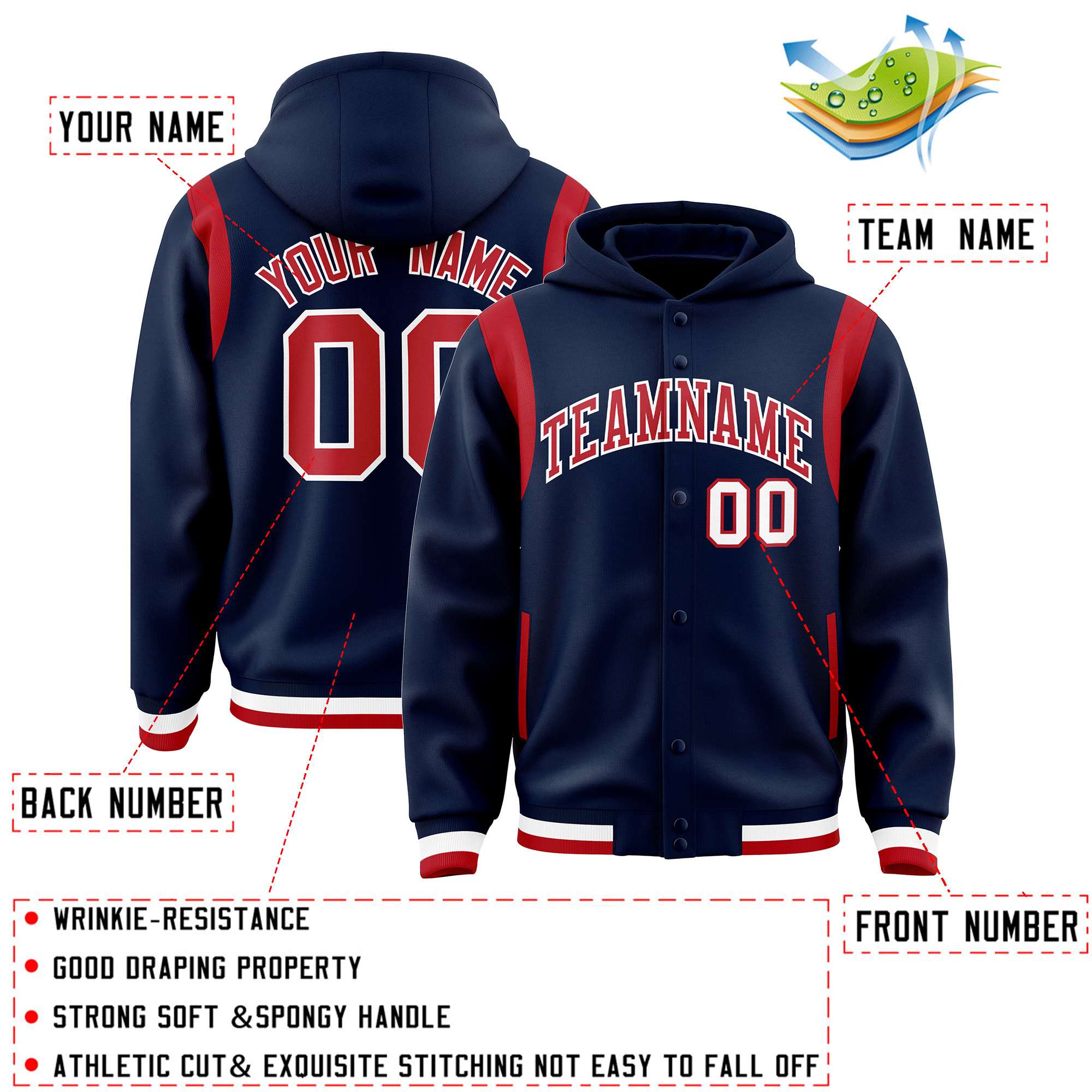 Custom Navy Red Varsity Full-Snap Letterman Shoulder Color Block Hoodie Jacket