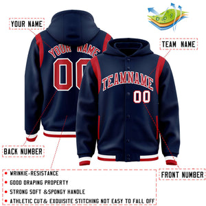 Custom Navy Red Varsity Full-Snap Letterman Shoulder Color Block Hoodie Jacket