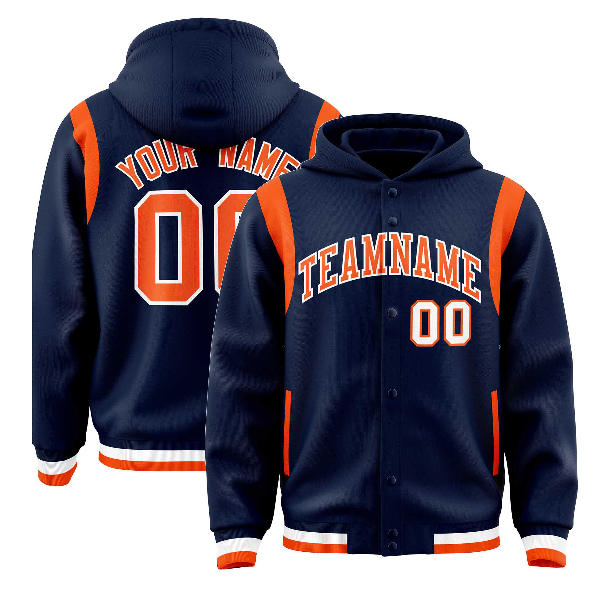 Custom Navy Orange Varsity Full-Snap Letterman Shoulder Color Block Hoodie Jacket