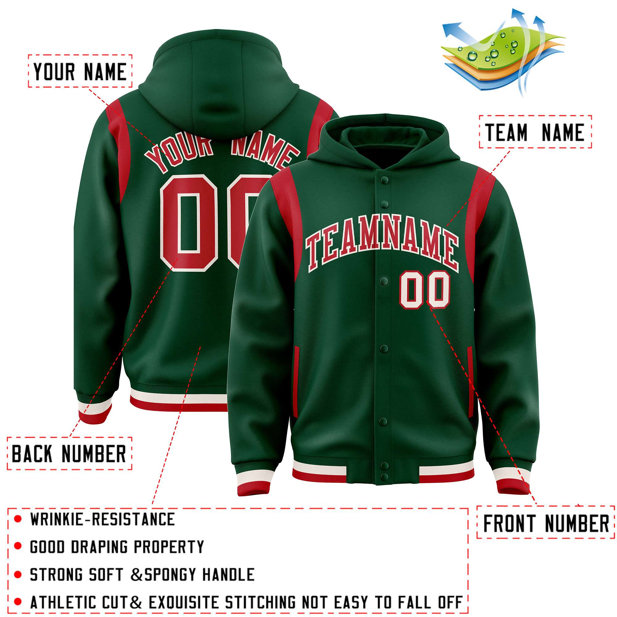 Custom Green Red Varsity Full-Snap Letterman Shoulder Color Block Hoodie Jacket